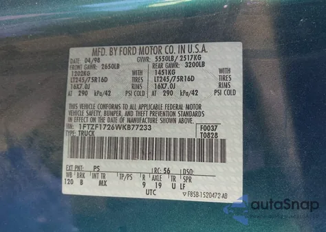 1998 Ford F-150 Standard/Xl/Xlt из США, поврежденный, VIN 1FTZF1726WKB77233